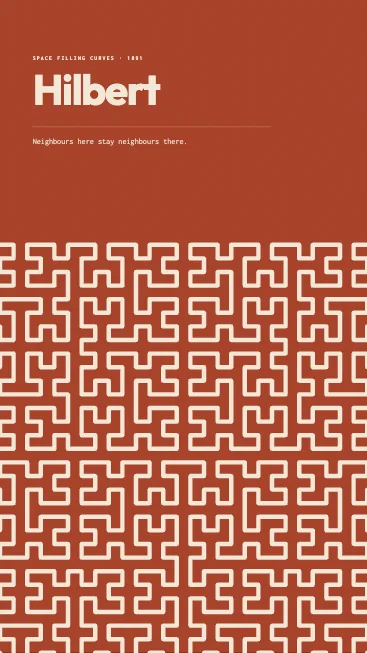Hilbert: a tall poster of a space-filling curve in cream on brick red.